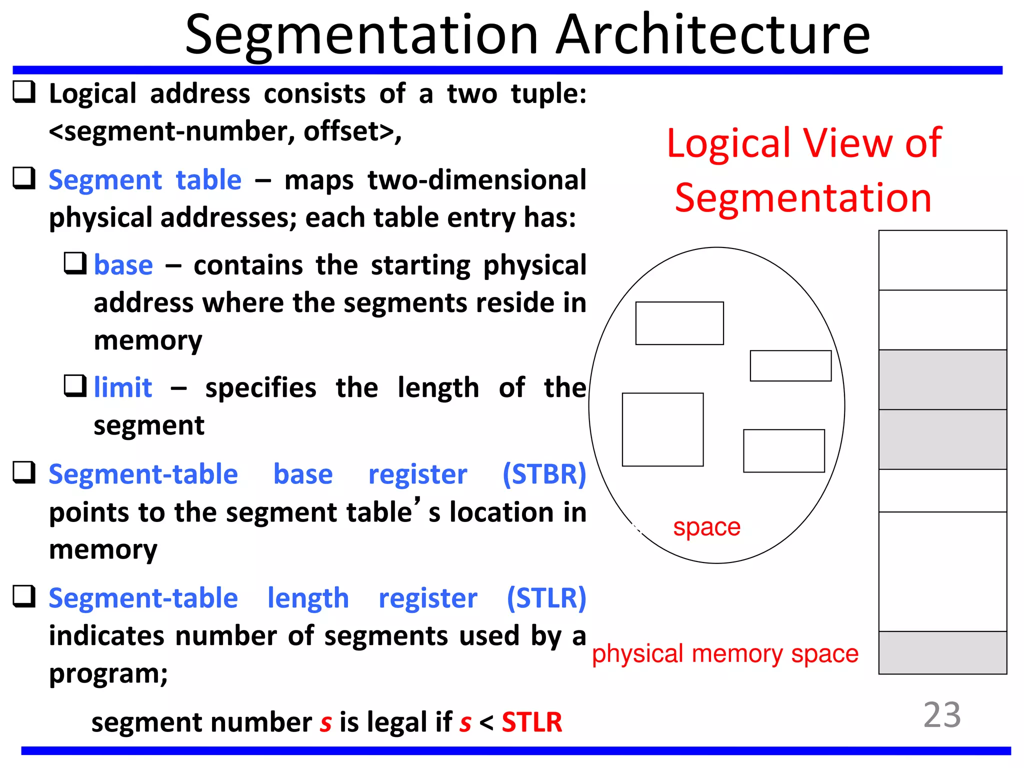 Segmentation Architecture
 Logical address consists of a two tuple:
<segment-number, offset>,
 Segment table – maps two-dimensional
physical addresses; each table entry has:
base – contains the starting physical
address where the segments reside in
memory
limit – specifies the length of the
segment
 Segment-table base register (STBR)
points to the segment table’s location in
memory
 Segment-table length register (STLR)
indicates number of segments used by a
program;
segment number s is legal if s < STLR
Logical View of
Segmentation
1
4
2
3
1
3
2
4
user space
physical memory space
23
 
