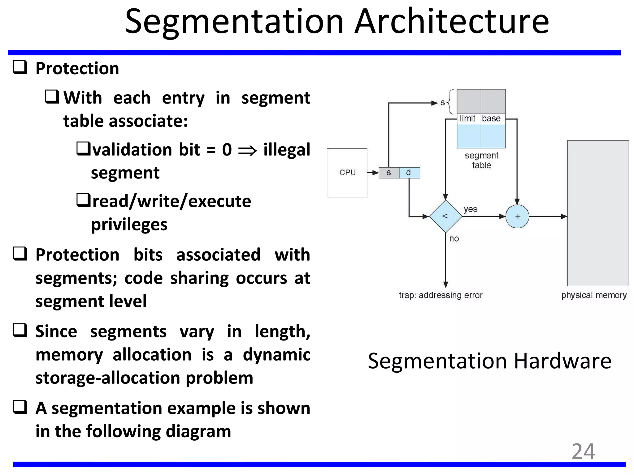 Segmentation Architecture
 Protection
With each entry in segment
table associate:
validation bit = 0  illegal
segment
read/write/execute
privileges
 Protection bits associated with
segments; code sharing occurs at
segment level
 Since segments vary in length,
memory allocation is a dynamic
storage-allocation problem
 A segmentation example is shown
in the following diagram
Segmentation Hardware
24
 