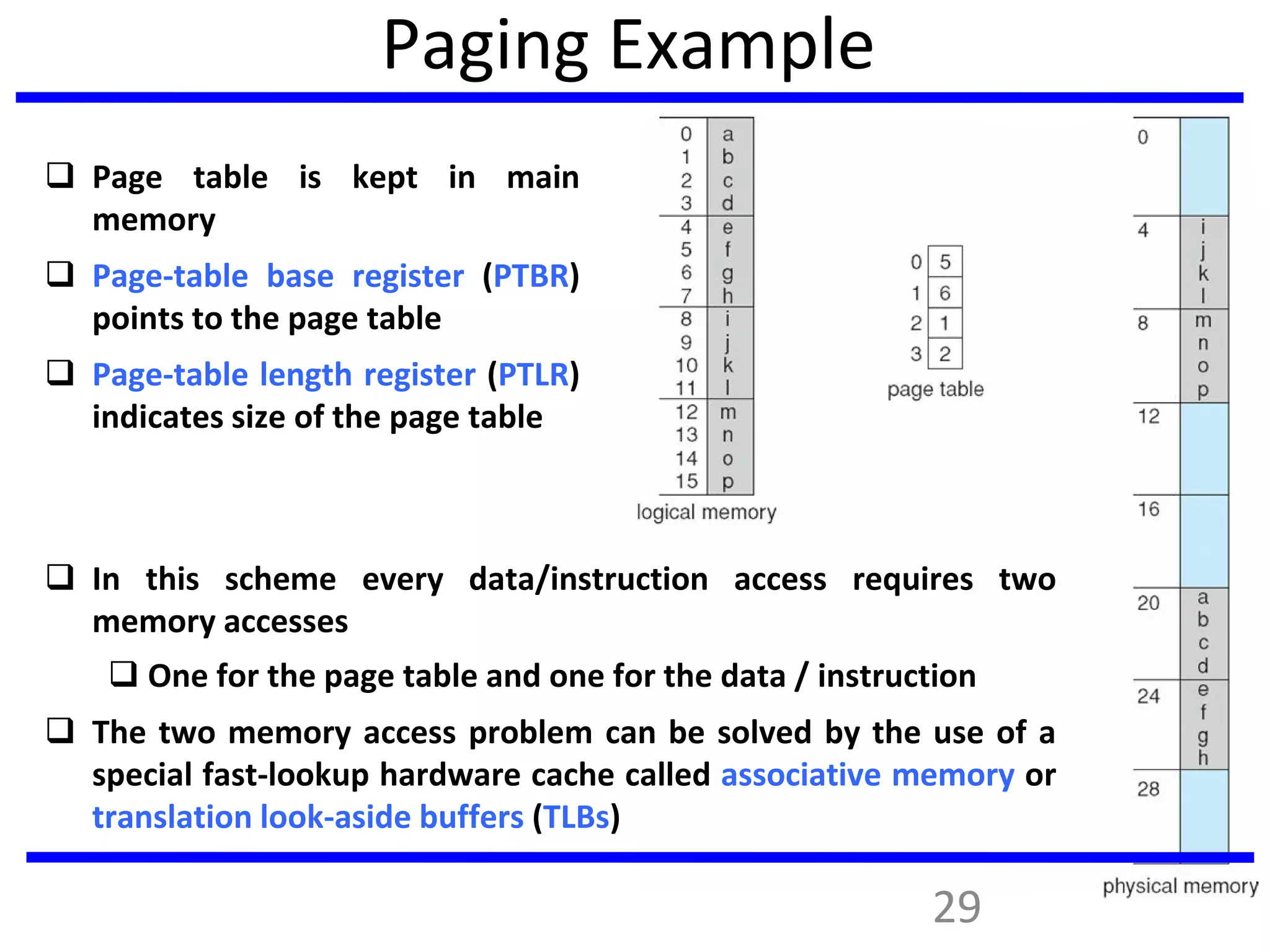 Paging Example
n=2 and m=4 32-byte memory and 4-byte pages
 Page table is kept in main
memory
 Page-table base register (PTBR)
points to the page table
 Page-table length register (PTLR)
indicates size of the page table
 In this scheme every data/instruction access requires two
memory accesses
 One for the page table and one for the data / instruction
 The two memory access problem can be solved by the use of a
special fast-lookup hardware cache called associative memory or
translation look-aside buffers (TLBs)
29
 