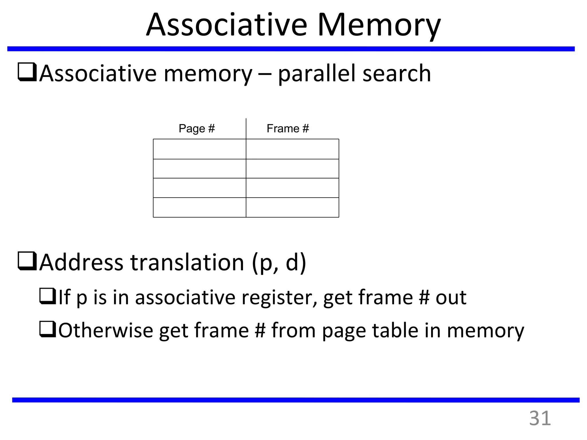 Associative Memory
Associative memory – parallel search
Address translation (p, d)
If p is in associative register, get frame # out
Otherwise get frame # from page table in memory
Page # Frame #
31
 