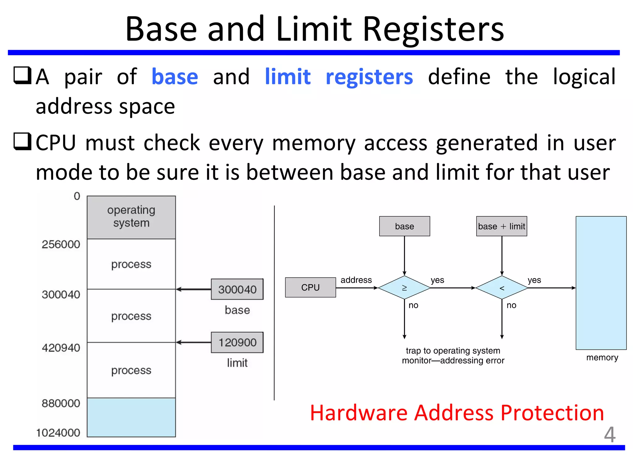 Base and Limit Registers
A pair of base and limit registers define the logical
address space
CPU must check every memory access generated in user
mode to be sure it is between base and limit for that user
Hardware Address Protection
4
 