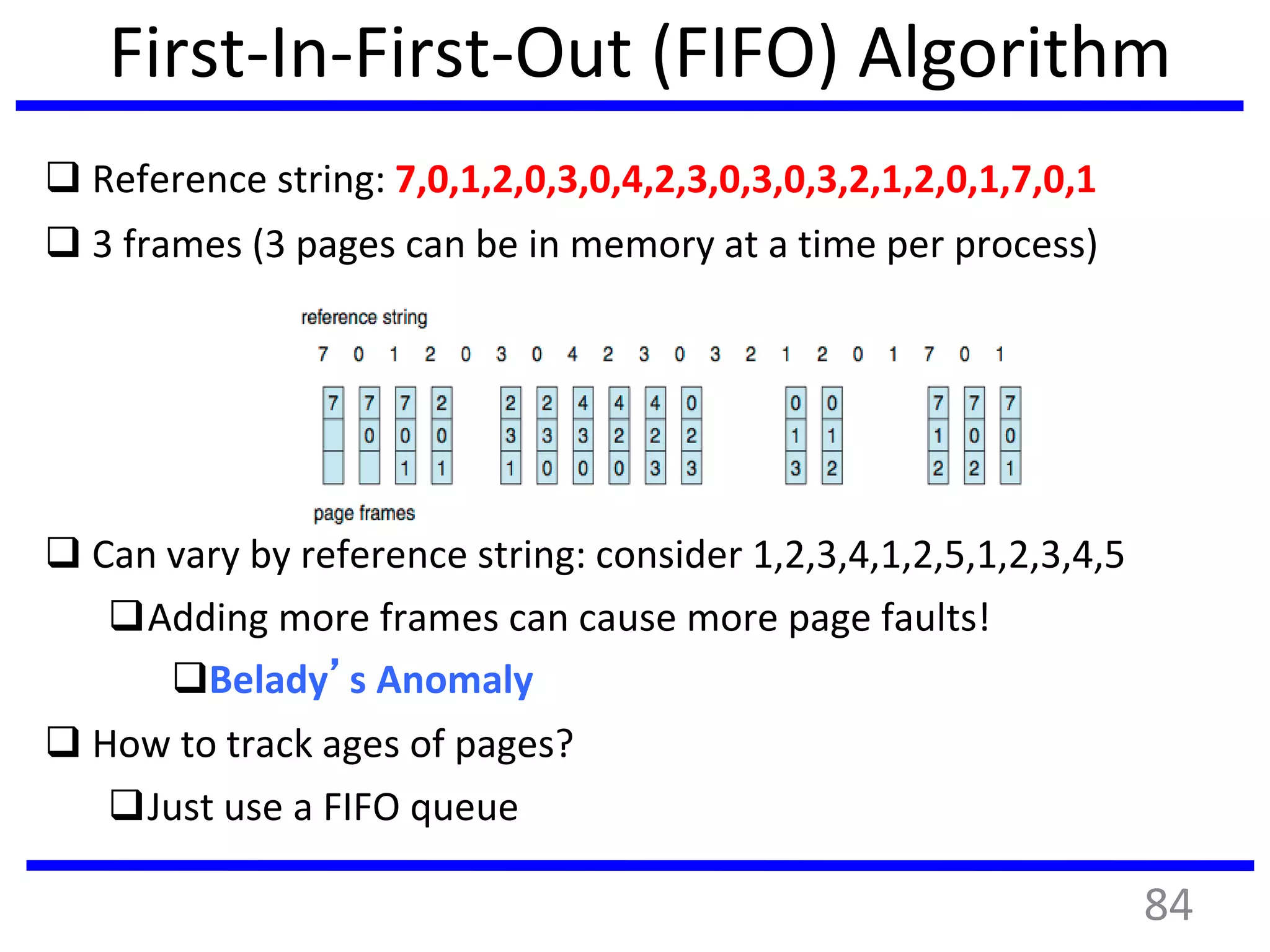 First-In-First-Out (FIFO) Algorithm
 Reference string: 7,0,1,2,0,3,0,4,2,3,0,3,0,3,2,1,2,0,1,7,0,1
 3 frames (3 pages can be in memory at a time per process)
 Can vary by reference string: consider 1,2,3,4,1,2,5,1,2,3,4,5
Adding more frames can cause more page faults!
Belady’s Anomaly
 How to track ages of pages?
Just use a FIFO queue
15 page faults
84
 