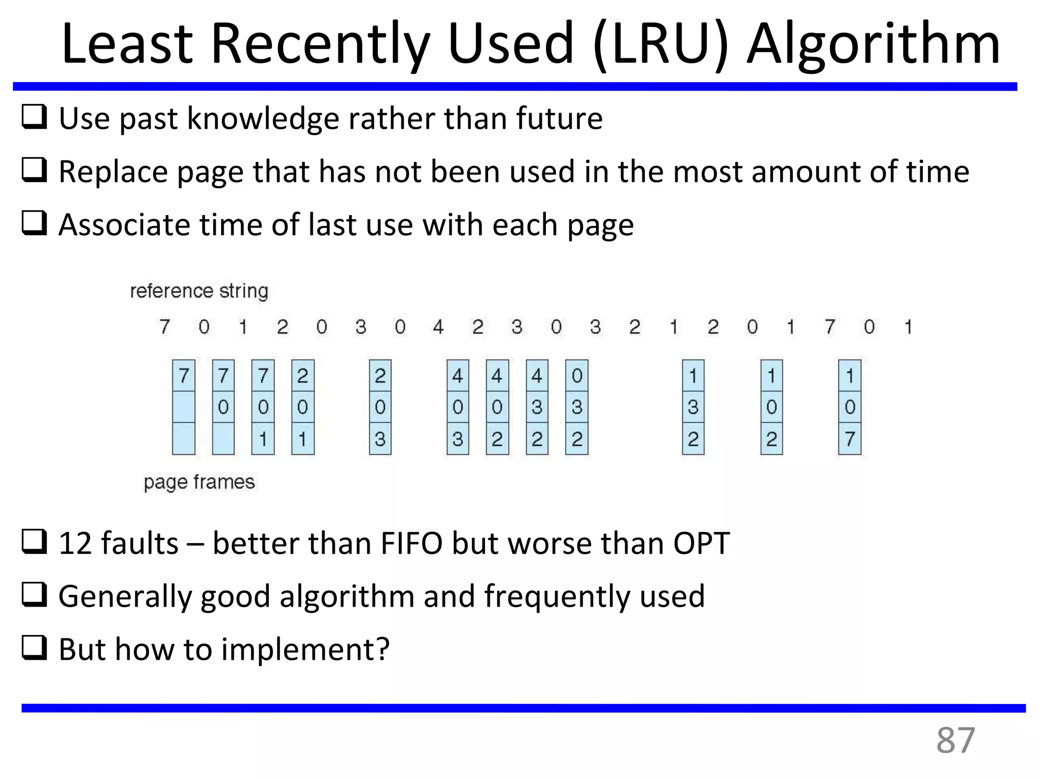 Least Recently Used (LRU) Algorithm
 Use past knowledge rather than future
 Replace page that has not been used in the most amount of time
 Associate time of last use with each page
 12 faults – better than FIFO but worse than OPT
 Generally good algorithm and frequently used
 But how to implement?
87
 