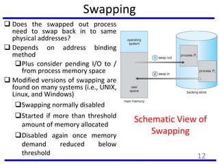 Swapping
 Does the swapped out process
need to swap back in to same
physical addresses?
 Depends on address binding
method
Plus consider pending I/O to /
from process memory space
 Modified versions of swapping are
found on many systems (i.e., UNIX,
Linux, and Windows)
Swapping normally disabled
Started if more than threshold
amount of memory allocated
Disabled again once memory
demand reduced below
threshold
Schematic View of
Swapping
12
 