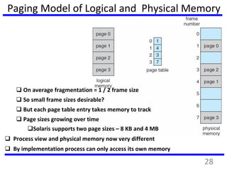 Paging Model of Logical and Physical Memory
 On average fragmentation = 1 / 2 frame size
 So small frame sizes desirable?
 But each page table entry takes memory to track
 Page sizes growing over time
Solaris supports two page sizes – 8 KB and 4 MB
 Process view and physical memory now very different
 By implementation process can only access its own memory
28
 