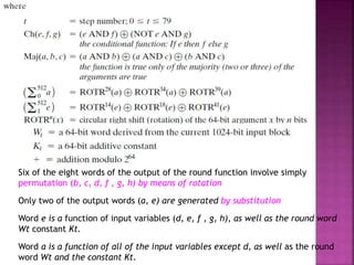Six of the eight words of the output of the round function involve simply
permutation (b, c, d, f , g, h) by means of rotation
Only two of the output words (a, e) are generated by substitution
Word e is a function of input variables (d, e, f , g, h), as well as the round word
Wt constant Kt.
Word a is a function of all of the input variables except d, as well as the round
word Wt and the constant Kt.
 