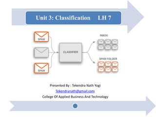 Unit 3: Classification LH 7
Presented By : Tekendra Nath Yogi
Tekendranath@gmail.com
College Of Applied Business And Technology
 