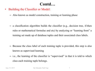 June 19, 2019 By:Tekendra Nath Yogi 7
Contd…
• Building the Classifier or Model:
– Also known as model construction, training or learning phase
– a classification algorithm builds the classifier (e.g., decision tree, if-then
rules or mathematical formulae and etc) by analyzing or ―learning from‖ a
training set made up of database tuples and their associated class labels.
– Because the class label of each training tuple is provided, this step is also
known as supervised learning
– i.e., the learning of the classifier is ―supervised‖ in that it is told to which
class each training tuple belongs.
 