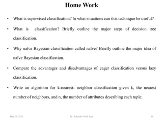 Home Work
• What is supervised classification? In what situations can this technique be useful?
• What is classification? Briefly outline the major steps of decision tree
classification.
• Why naïve Bayesian classification called naïve? Briefly outline the major idea of
naïve Bayesian classification.
• Compare the advantages and disadvantages of eager classification versus lazy
classification.
• Write an algorithm for k-nearest- neighbor classification given k, the nearest
number of neighbors, and n, the number of attributes describing each tuple.
May 20, 2018 By: Tekendra Nath Yogi 86
 