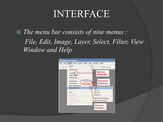 INTERFACE
The menu bar consists of nine menus :
File, Edit, Image, Layer, Select, Filter, View
Window and Help