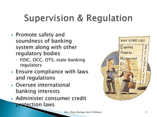  Promote safety and
soundness of banking
system along with other
regulatory bodies
◦ FDIC, OCC, OTS, state banking
regula...