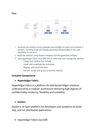 Flow
1. Generate the artifacts using cryptogen and configtx for peers and channel in
network. Currently these are already generated and provided in the code
repository to use as-is.
2. Build the network using docker-compose and the generated artifacts.
3. Use Hyperledger Fabric Java SDK APIs to work with and manage the network.
o Create and initialize the channel
o Install and instantiate the chaincode
o Register and enroll the users
o Perform invoke and query to test the network
Included Components
• Hyperledger Fabric:
Hyperledger Fabric is a platform for distributed ledger solutions
underpinned by a modular architecture delivering high degrees of
confidentiality, resiliency, flexibility and scalability.
• Docker:
Docker is an open platform for developers and sysadmins to build,
ship, and run distributed applications.
• Hyperledger Fabric Java SDK
 