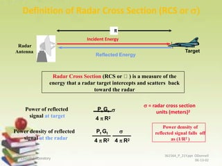 Definition of Radar Cross Section (RCS or 
Radar Cross Section (RCS or ) is a measure of the
energy that a radar target intercepts and scatters back
toward the radar
Power of reflected
signal at target
t tP G 
4  R2
 = radar cross section
units (meters)2
Power density of reflected
signal at the radar
Pt Gt 
4  R2 4  R2
Power density of
reflected signal falls off
as (1/R2 )
Target
Radar
Antenna
Reflected Energy
R
Incident Energy
MIT Lincoln Laboratory
361564_P_21Y.ppt ODonnell
06-13-02
 
