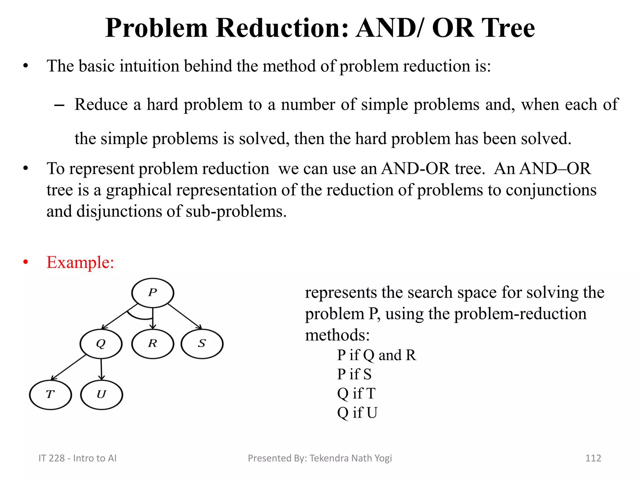 Problem Reduction: AND/ OR Tree
• The basic intuition behind the method of problem reduction is:
– Reduce a hard problem to a number of simple problems and, when each of
the simple problems is solved, then the hard problem has been solved.
• To represent problem reduction we can use an AND-OR tree. An AND–OR
tree is a graphical representation of the reduction of problems to conjunctions
and disjunctions of sub-problems.
• Example:
112Presented By: Tekendra Nath YogiIT 228 - Intro to AI
represents the search space for solving the
problem P, using the problem-reduction
methods:
P if Q and R
P if S
Q if T
Q if U
 