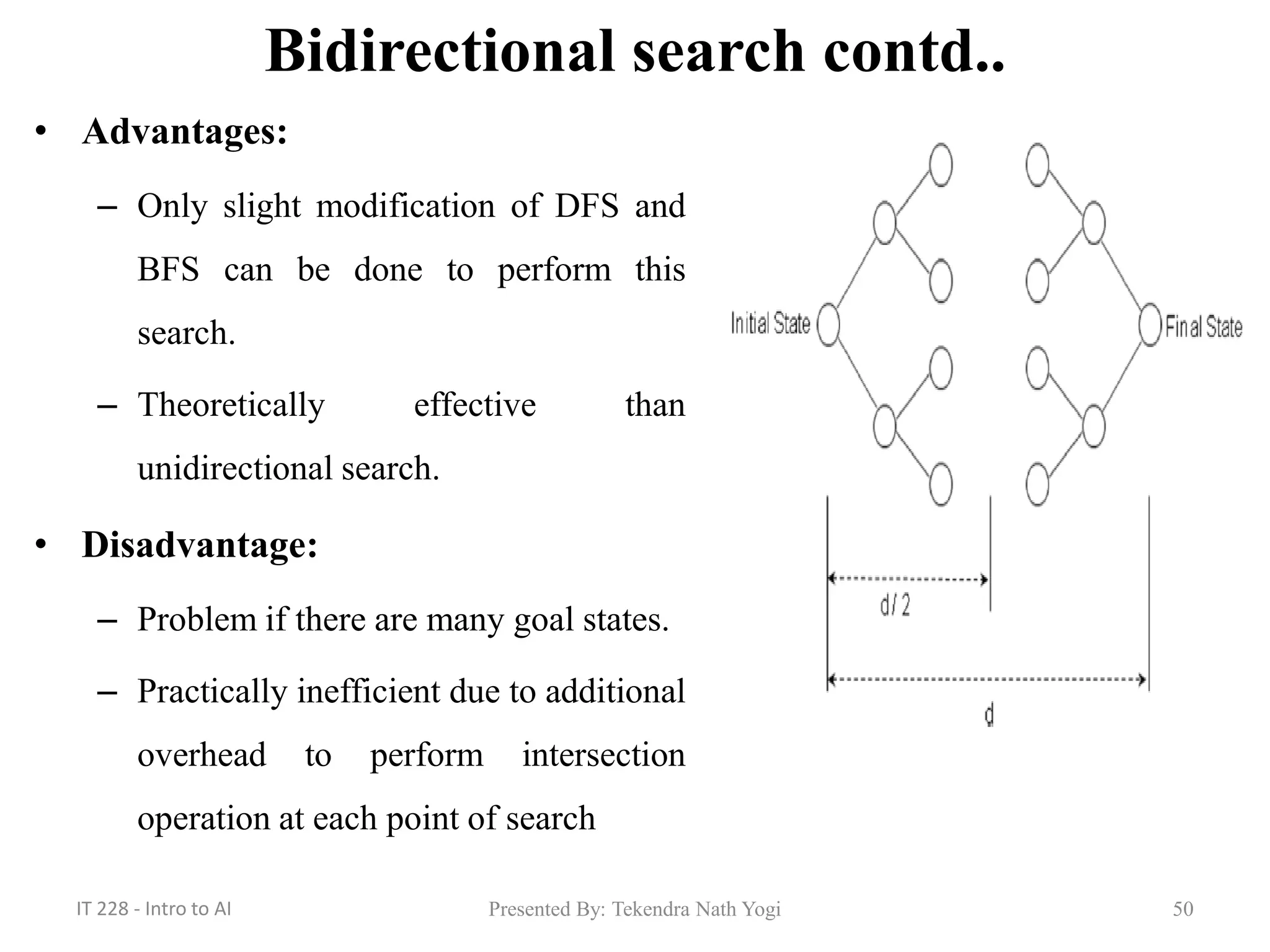 Bidirectional search contd..
• Advantages:
– Only slight modification of DFS and
BFS can be done to perform this
search.
– Theoretically effective than
unidirectional search.
• Disadvantage:
– Problem if there are many goal states.
– Practically inefficient due to additional
overhead to perform intersection
operation at each point of search
Presented By: Tekendra Nath Yogi 50IT 228 - Intro to AI
 