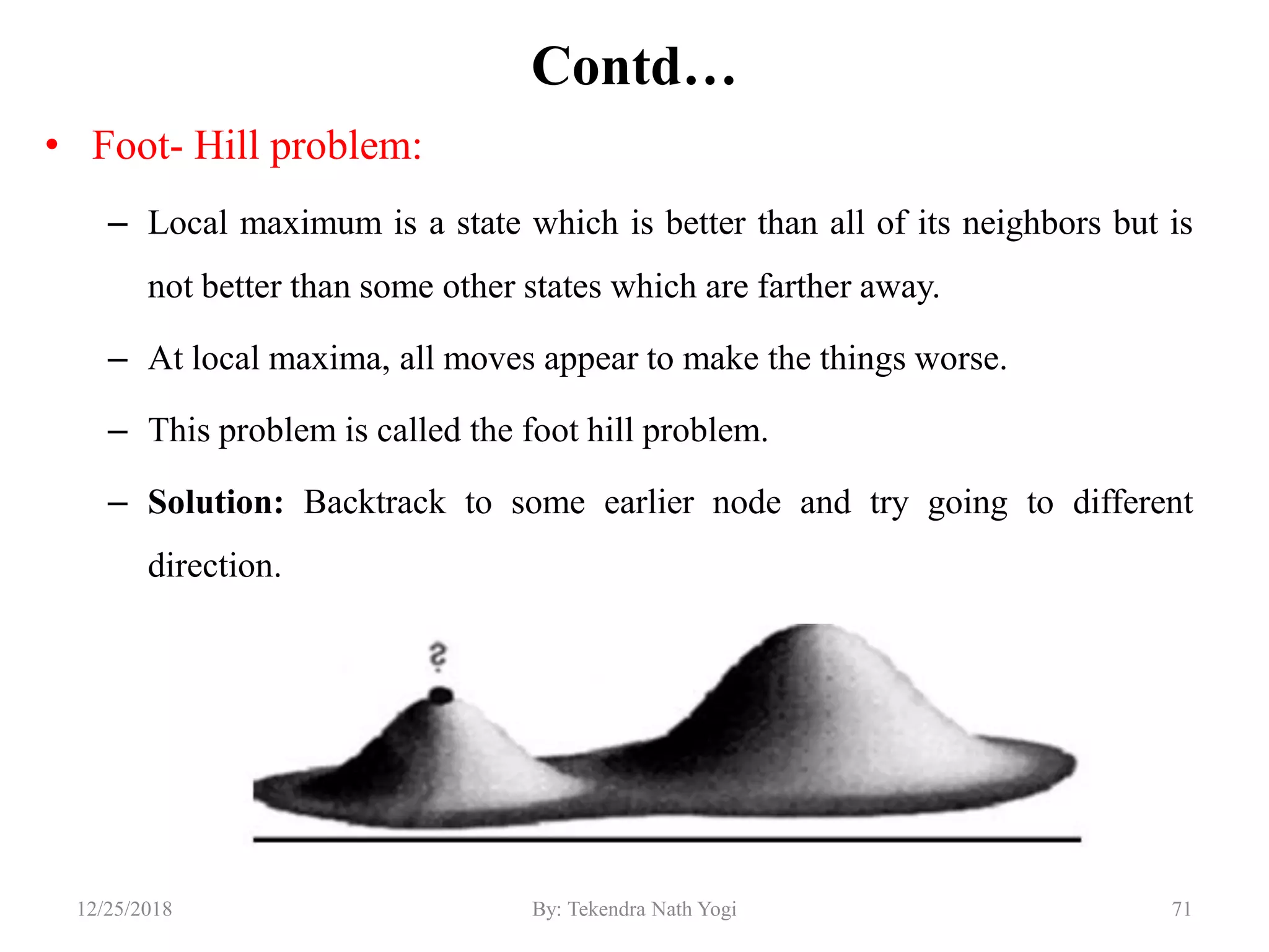 Contd…
• Foot- Hill problem:
– Local maximum is a state which is better than all of its neighbors but is
not better than some other states which are farther away.
– At local maxima, all moves appear to make the things worse.
– This problem is called the foot hill problem.
– Solution: Backtrack to some earlier node and try going to different
direction.
7112/25/2018 By: Tekendra Nath Yogi
 