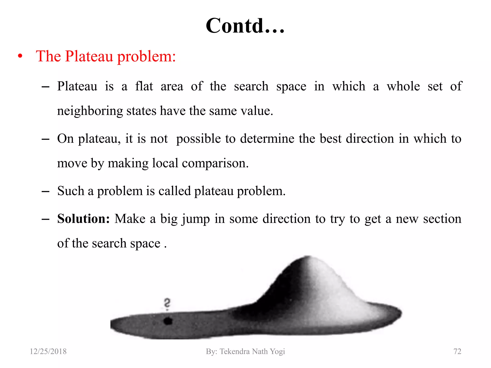 Contd…
• The Plateau problem:
– Plateau is a flat area of the search space in which a whole set of
neighboring states have the same value.
– On plateau, it is not possible to determine the best direction in which to
move by making local comparison.
– Such a problem is called plateau problem.
– Solution: Make a big jump in some direction to try to get a new section
of the search space .
7212/25/2018 By: Tekendra Nath Yogi
 