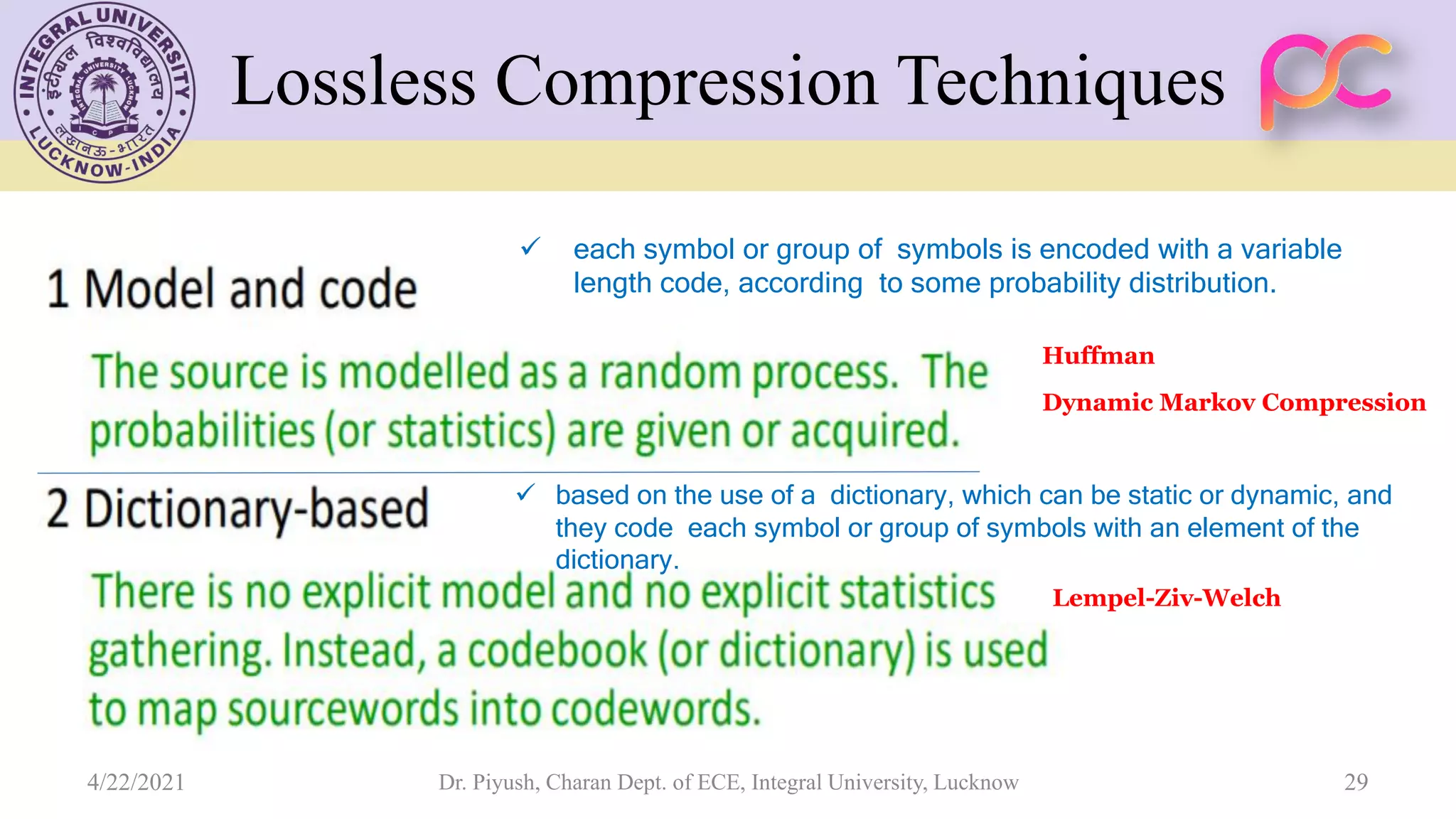  each symbol or group of symbols is encoded with a variable length code, according to some probability distribution.  based on the use of a dictionary, which can be static or dynamic, and they code each symbol or group of symbols with an element of the dictionary. Huffman Dynamic Markov Compression Lempel-Ziv-Welch Lossless Compression Techniques 4/22/2021 Dr. Piyush, Charan Dept. of ECE, Integral University, Lucknow 29 