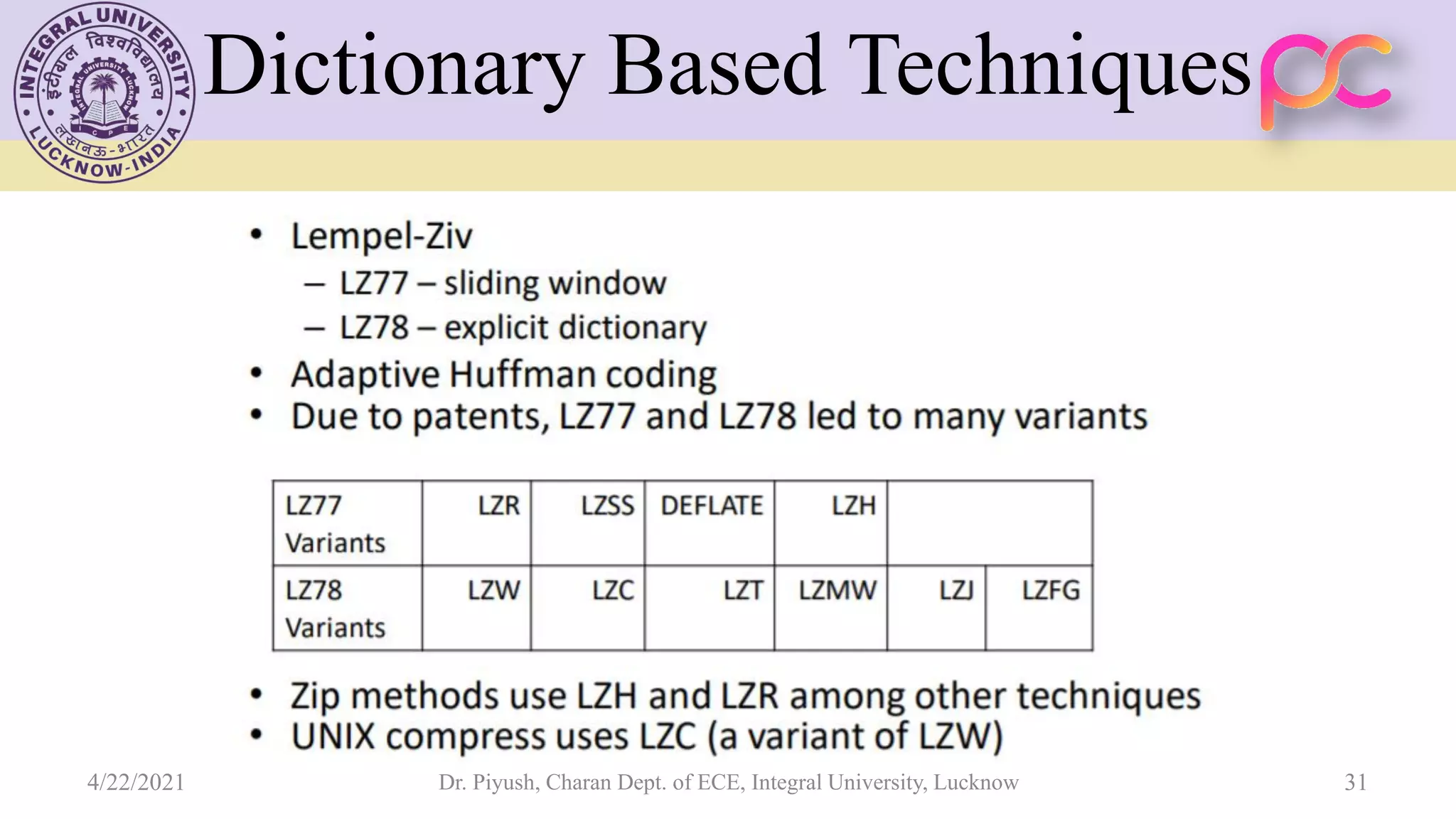 Dictionary Based Techniques 4/22/2021 Dr. Piyush, Charan Dept. of ECE, Integral University, Lucknow 31 