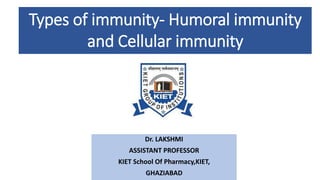 Types of immunity- Humoral immunity
and Cellular immunity
Dr. LAKSHMI
ASSISTANT PROFESSOR
KIET School Of Pharmacy,KIET,
GHAZIABAD
 