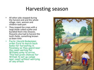 Harvesting season
• All other jobs stopped during
the harvest and and the whole
village, men, women and
children took part
• They reaped the crops with a
large blade called scythe and
bundled them into sheaves.
Peasants also had to harvest the
lord’s fields, something known
as boon time
• Facts: Harold Godwinson
order Fyrd to march back
home for harvesting in
Pevensey as they guard near
the coast waiting for
Williams army to arrive.
This had given chances for
William to set up camps
near coast without worrying
of any attack
 