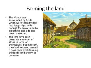 Farming the land
• The Manor was
surrounded by fields
which were then divided
into long strips, wide
enough for an ox to pull a
plough up one side and
down the other.
• The lord gave each
peasants a number of
strips to farm for
themselves, but in return,
they had to spend around
3 days each week farming
the lord’s land known as
demesne
 