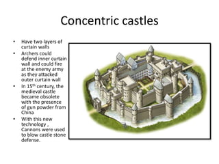 Concentric castles
• Have two layers of
curtain walls
• Archers could
defend inner curtain
wall and could fire
at the enemy army
as they attacked
outer curtain wall
• In 15th century, the
medieval castle
became obsolete
with the presence
of gun powder from
China
• With this new
technology ,
Cannons were used
to blow castle stone
defense.
 