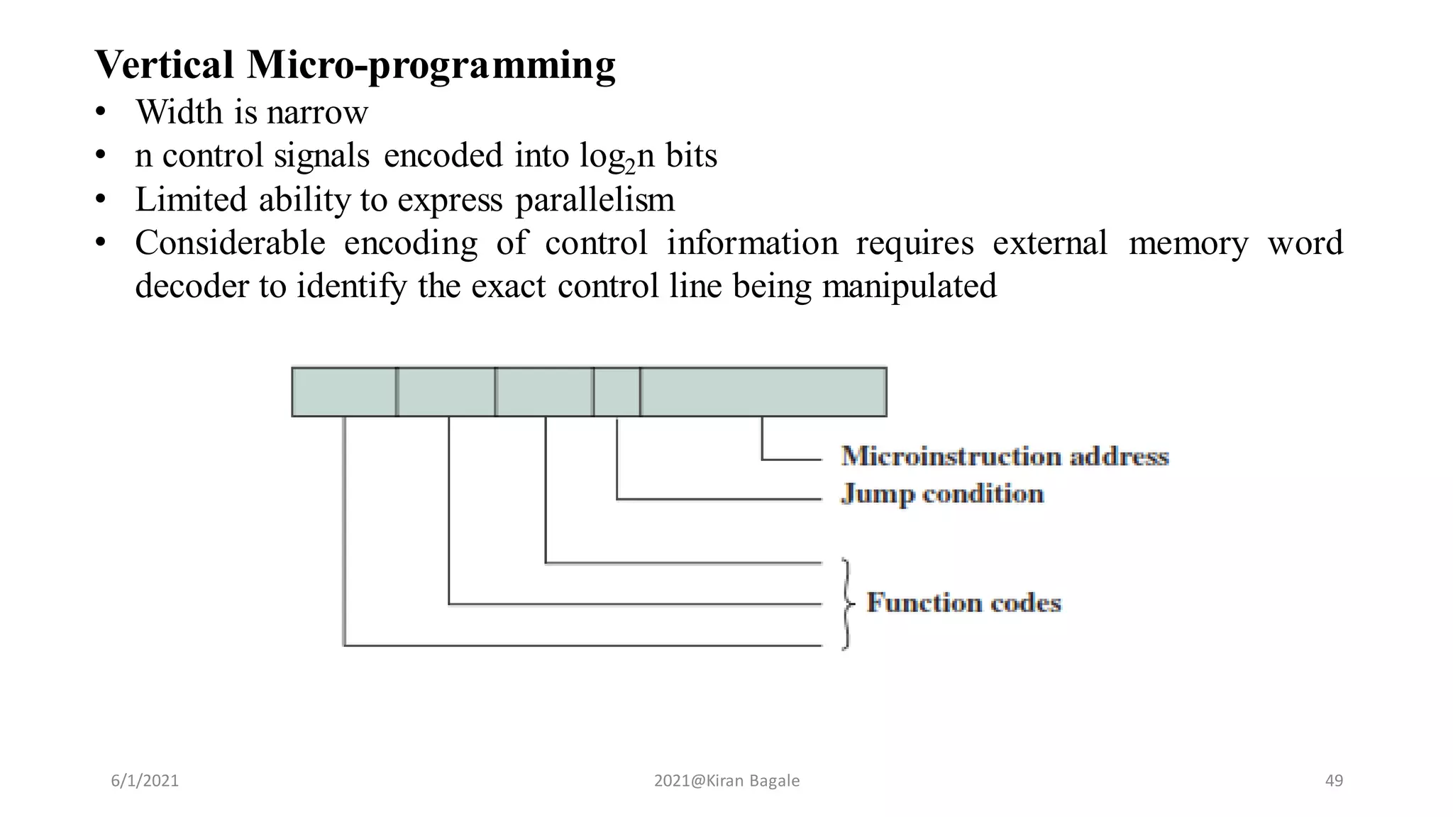 6/1/2021 2021@Kiran Bagale 49
Vertical Micro-programming
• Width is narrow
• n control signals encoded into log2n bits
• Limited ability to express parallelism
• Considerable encoding of control information requires external memory word
decoder to identify the exact control line being manipulated
 