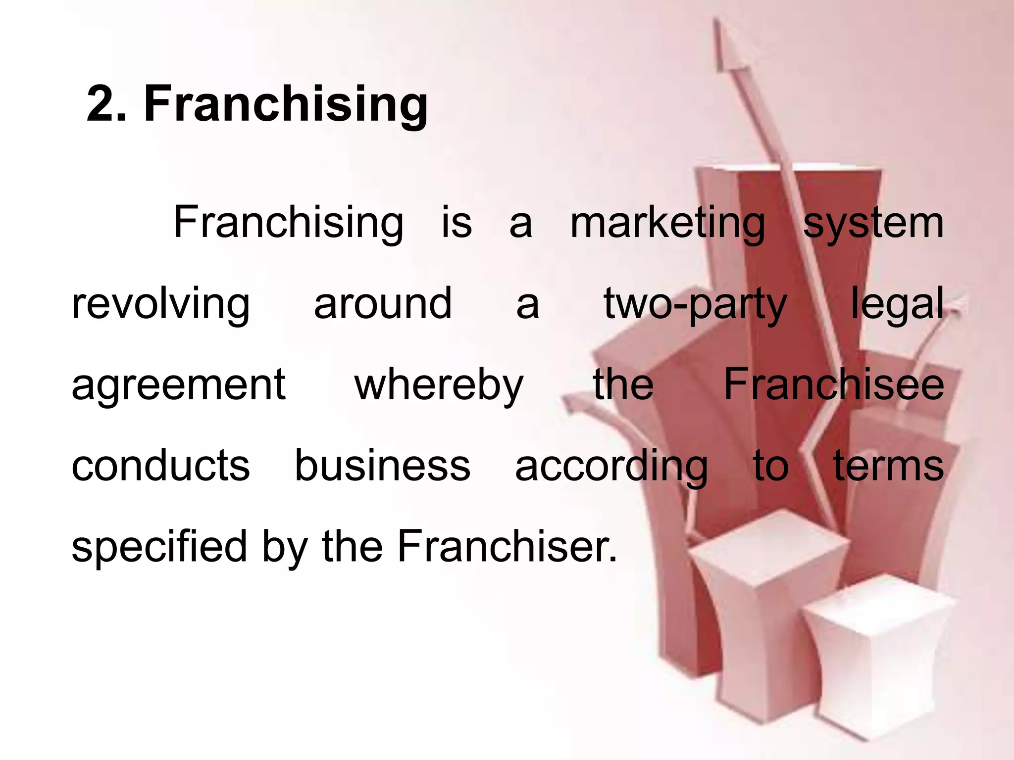 2. Franchising
Franchising is a marketing system
revolving around a two-party legal
agreement whereby the Franchisee
conducts business according to terms
specified by the Franchiser.
 