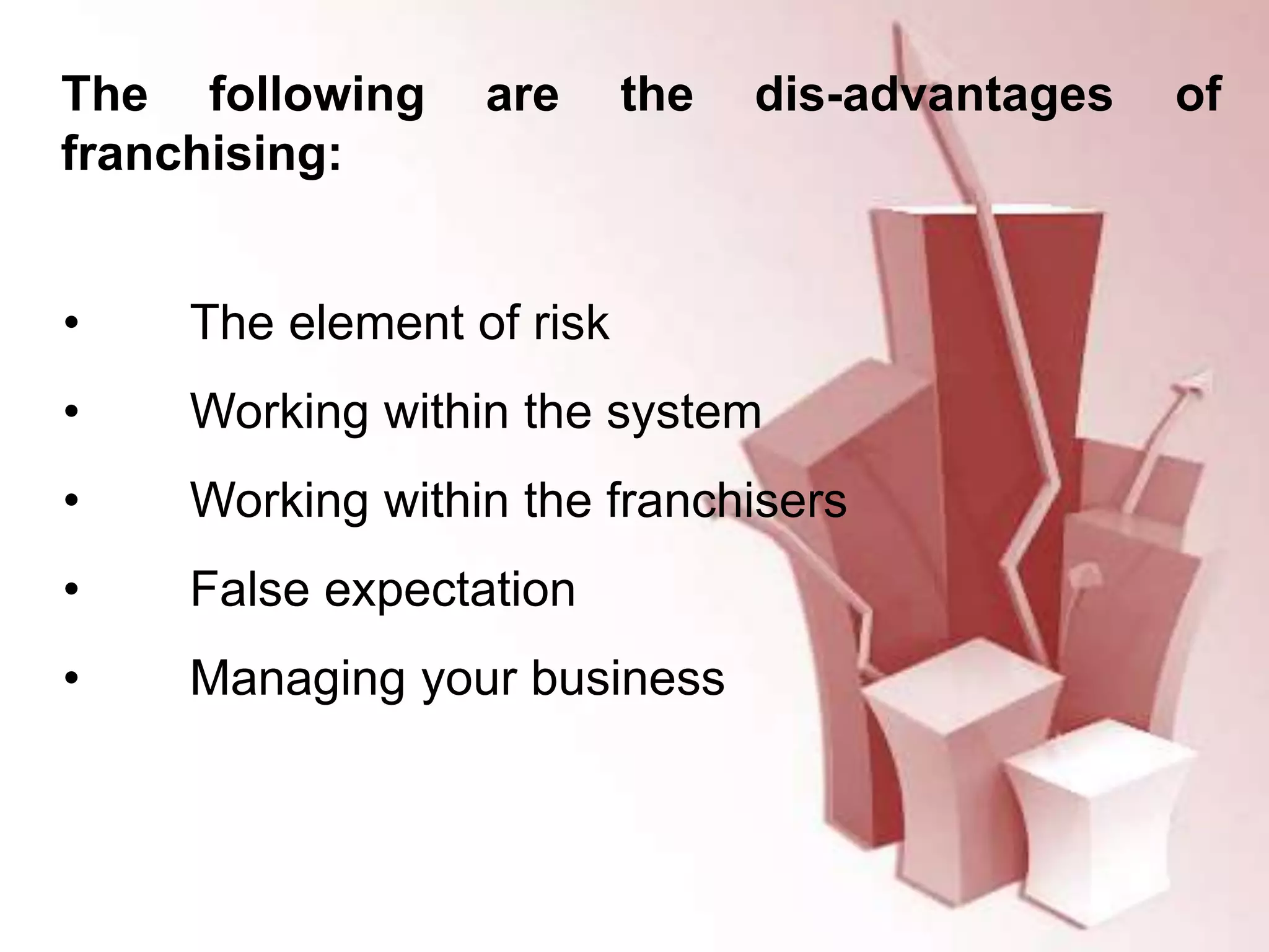 The following are the dis-advantages of
franchising:
• The element of risk
• Working within the system
• Working within the franchisers
• False expectation
• Managing your business
 