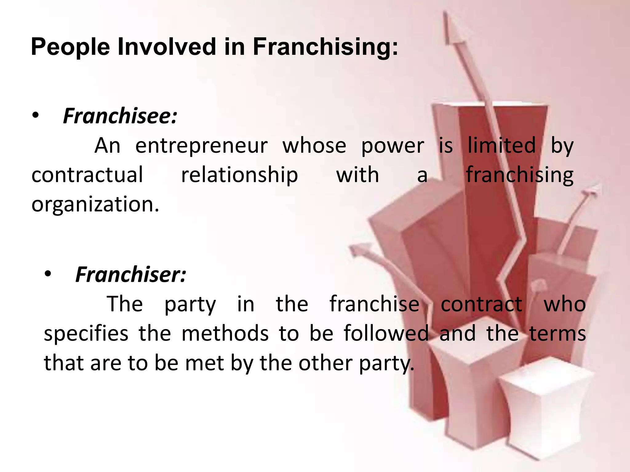 People Involved in Franchising:
• Franchisee:
An entrepreneur whose power is limited by
contractual relationship with a franchising
organization.
• Franchiser:
The party in the franchise contract who
specifies the methods to be followed and the terms
that are to be met by the other party.
 