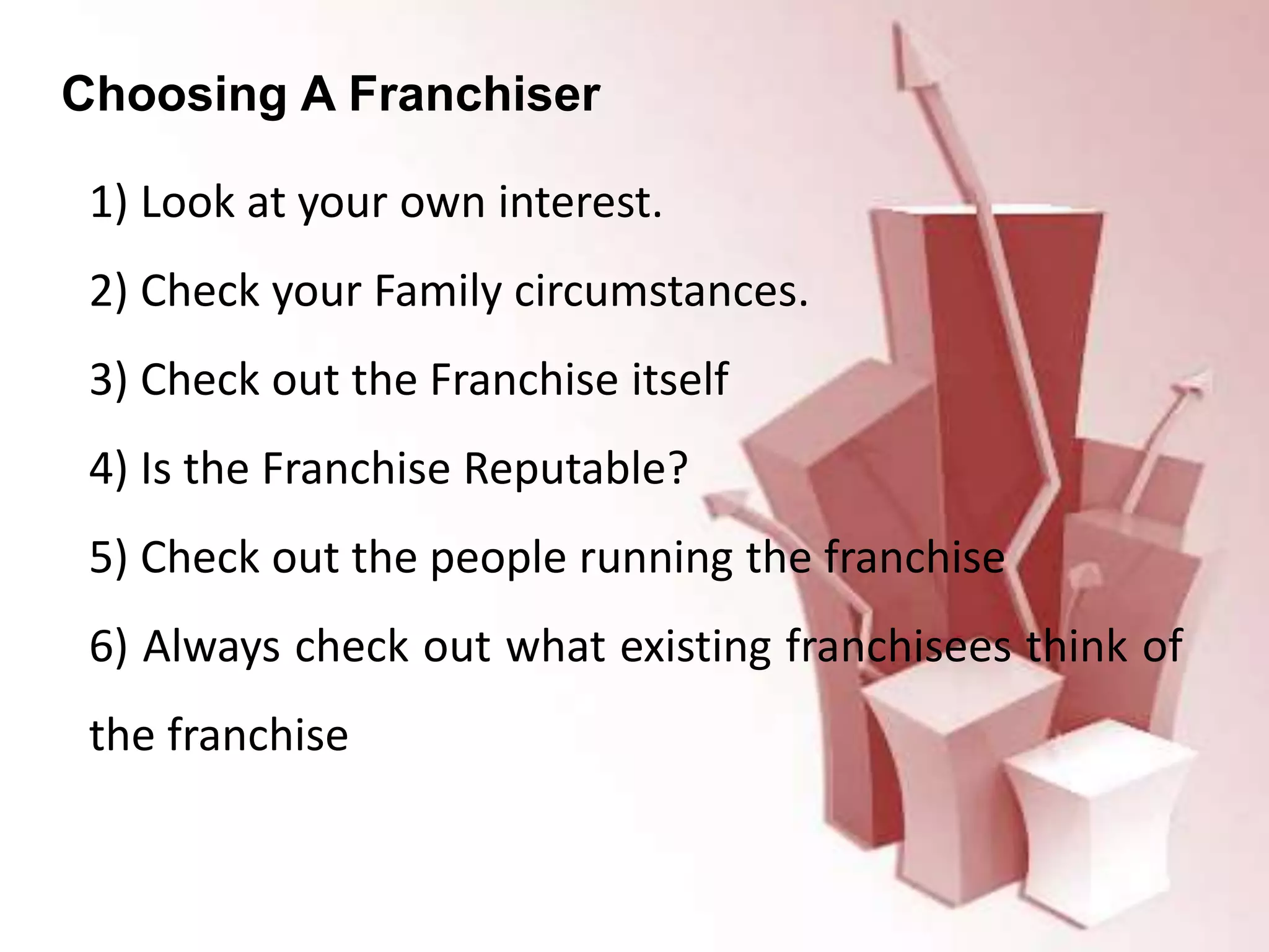 Choosing A Franchiser
1) Look at your own interest.
2) Check your Family circumstances.
3) Check out the Franchise itself
4) Is the Franchise Reputable?
5) Check out the people running the franchise
6) Always check out what existing franchisees think of
the franchise
 