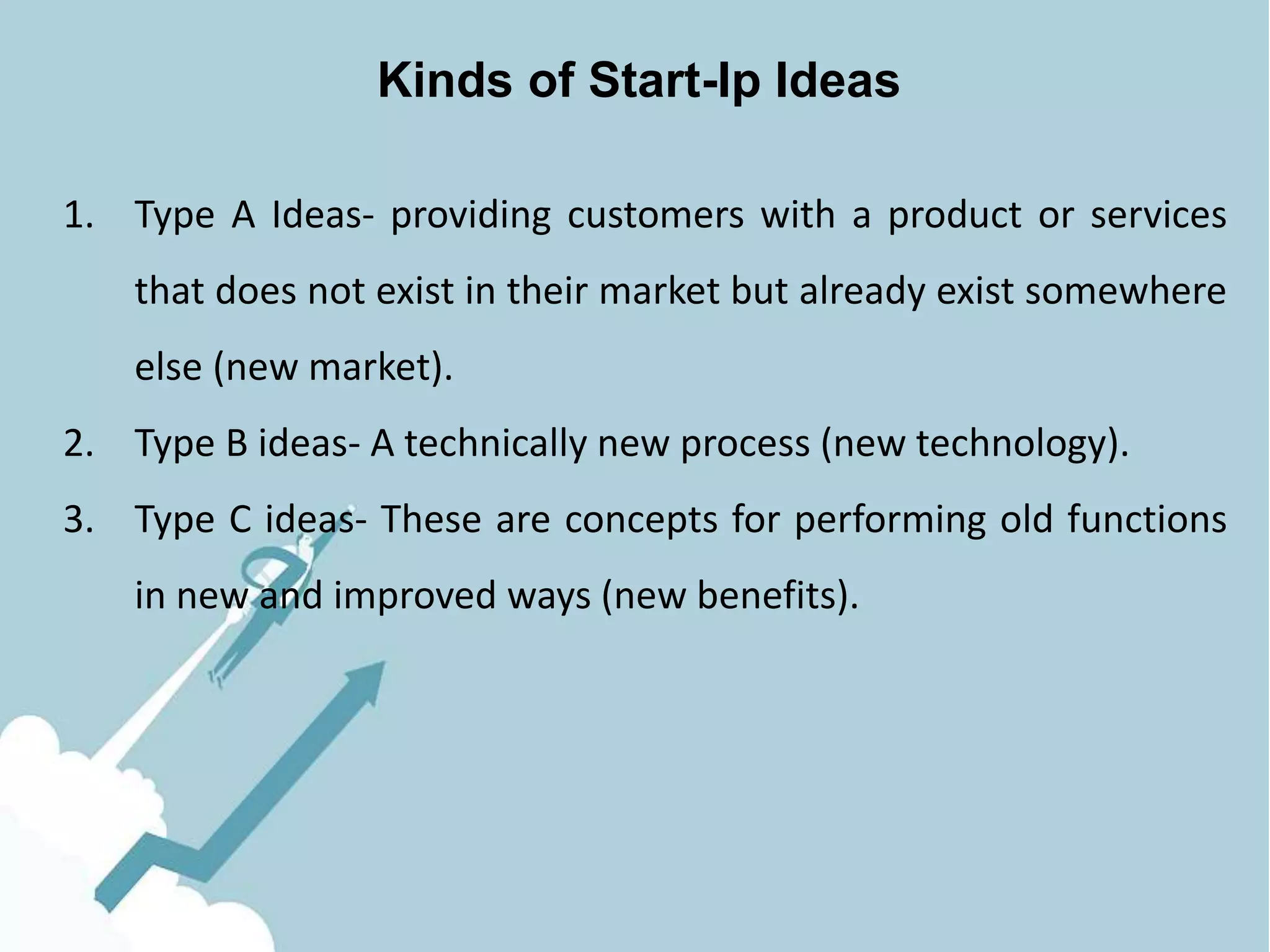 Kinds of Start-Ip Ideas
1. Type A Ideas- providing customers with a product or services
that does not exist in their market but already exist somewhere
else (new market).
2. Type B ideas- A technically new process (new technology).
3. Type C ideas- These are concepts for performing old functions
in new and improved ways (new benefits).
 