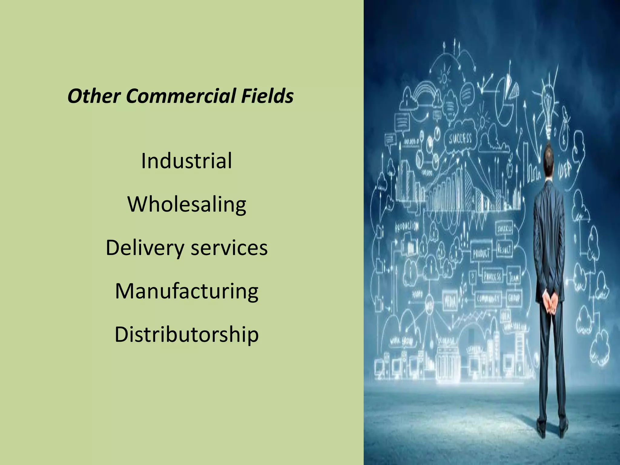 Other Commercial Fields
Industrial
Wholesaling
Delivery services
Manufacturing
Distributorship
 