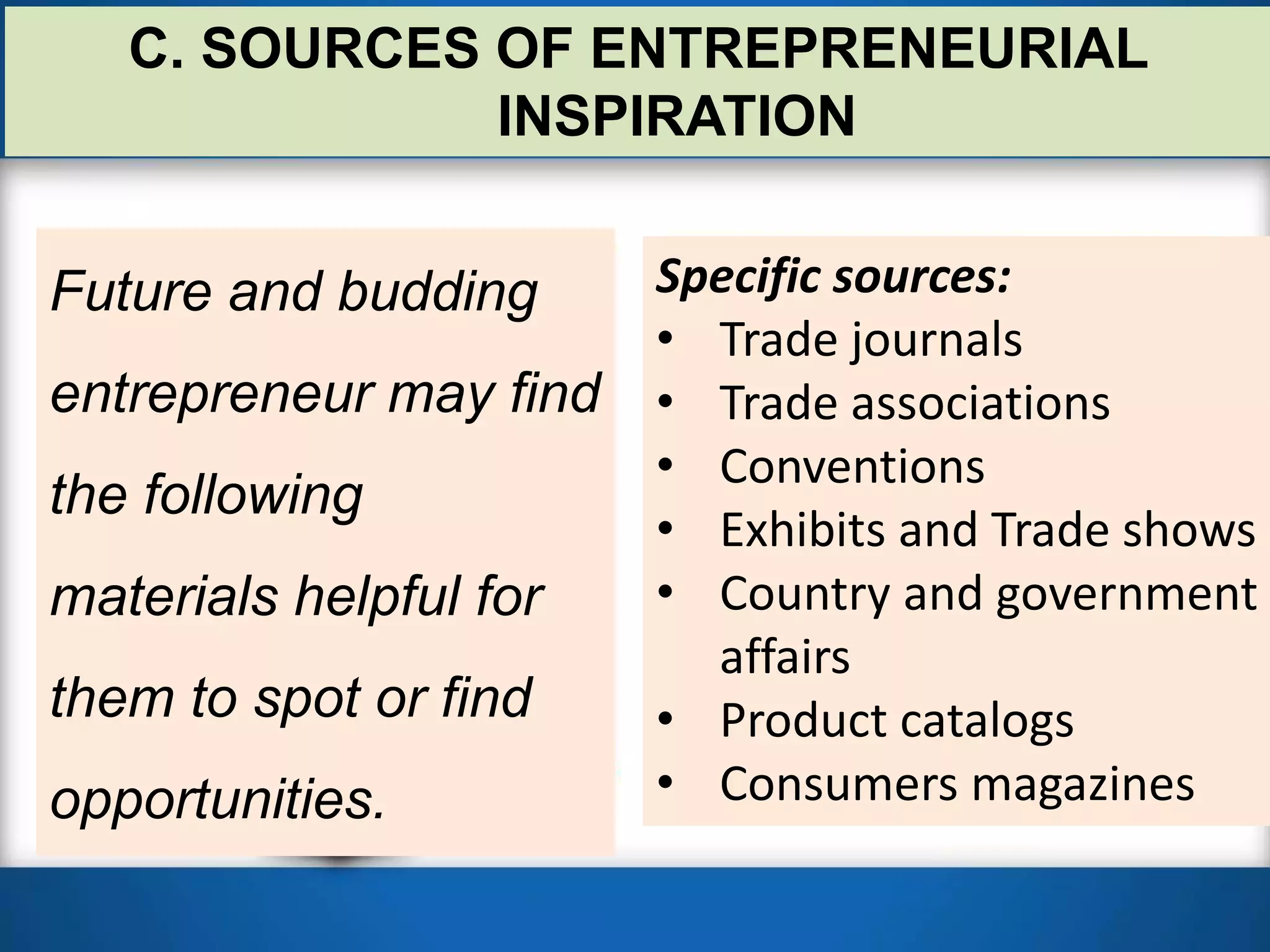 C. SOURCES OF ENTREPRENEURIAL
INSPIRATION
Future and budding
entrepreneur may find
the following
materials helpful for
them to spot or find
opportunities.
Specific sources:
• Trade journals
• Trade associations
• Conventions
• Exhibits and Trade shows
• Country and government
affairs
• Product catalogs
• Consumers magazines
 