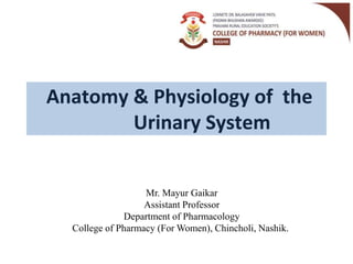 Anatomy & Physiology of the
Urinary System
Mr. Mayur Gaikar
Assistant Professor
Department of Pharmacology
College of Pharmacy (For Women), Chincholi, Nashik.
 