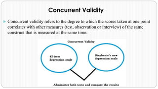 Concurrent Validity
 Concurrent validity refers to the degree to which the scores taken at one point
correlates with other measures (test, observation or interview) of the same
construct that is measured at the same time.
 