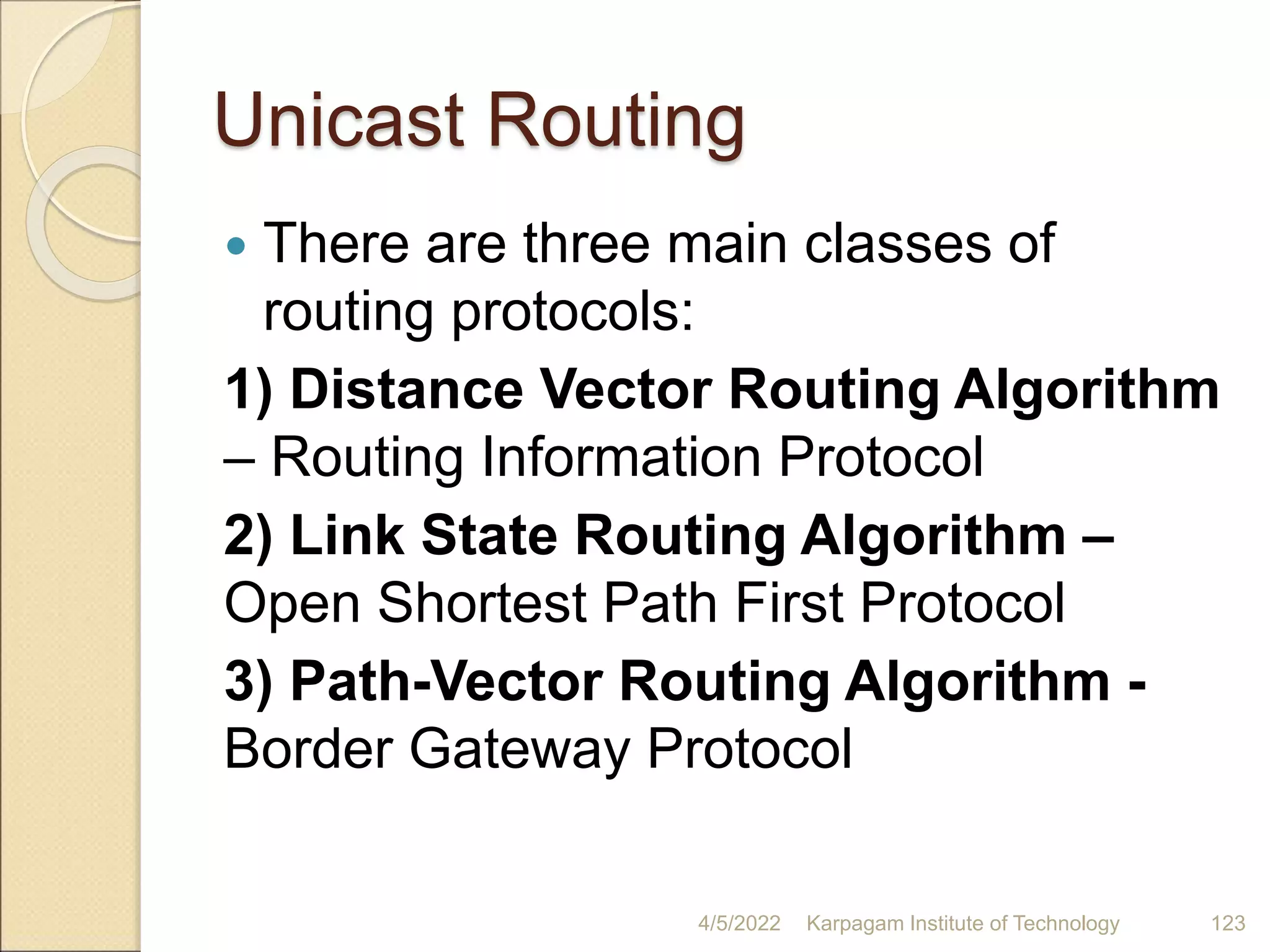 Unicast Routing
 There are three main classes of
routing protocols:
1) Distance Vector Routing Algorithm
– Routing Information Protocol
2) Link State Routing Algorithm –
Open Shortest Path First Protocol
3) Path-Vector Routing Algorithm -
Border Gateway Protocol
4/5/2022 Karpagam Institute of Technology 123
 