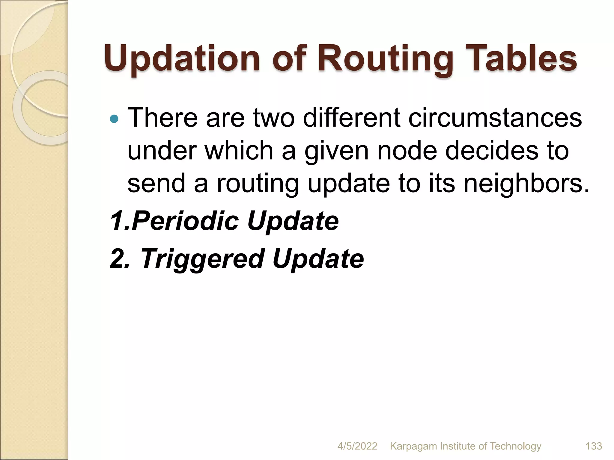 Updation of Routing Tables
 There are two different circumstances
under which a given node decides to
send a routing update to its neighbors.
1.Periodic Update
2. Triggered Update
4/5/2022 Karpagam Institute of Technology 133
 