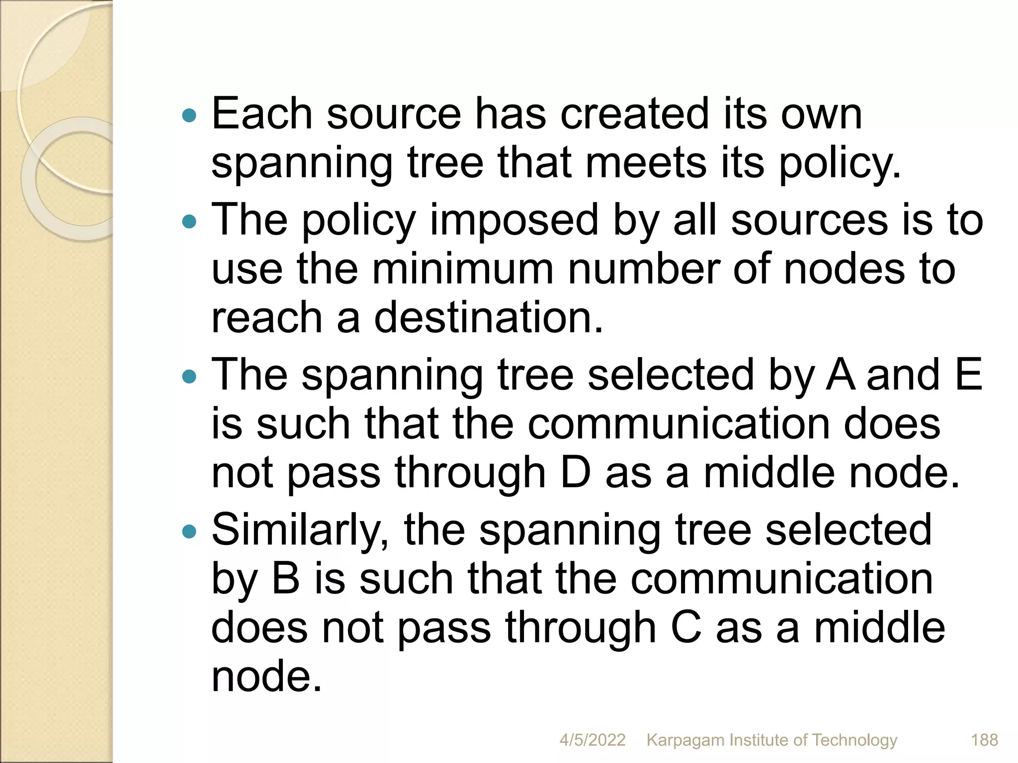  Each source has created its own
spanning tree that meets its policy.
 The policy imposed by all sources is to
use the minimum number of nodes to
reach a destination.
 The spanning tree selected by A and E
is such that the communication does
not pass through D as a middle node.
 Similarly, the spanning tree selected
by B is such that the communication
does not pass through C as a middle
node.
4/5/2022 Karpagam Institute of Technology 188
 