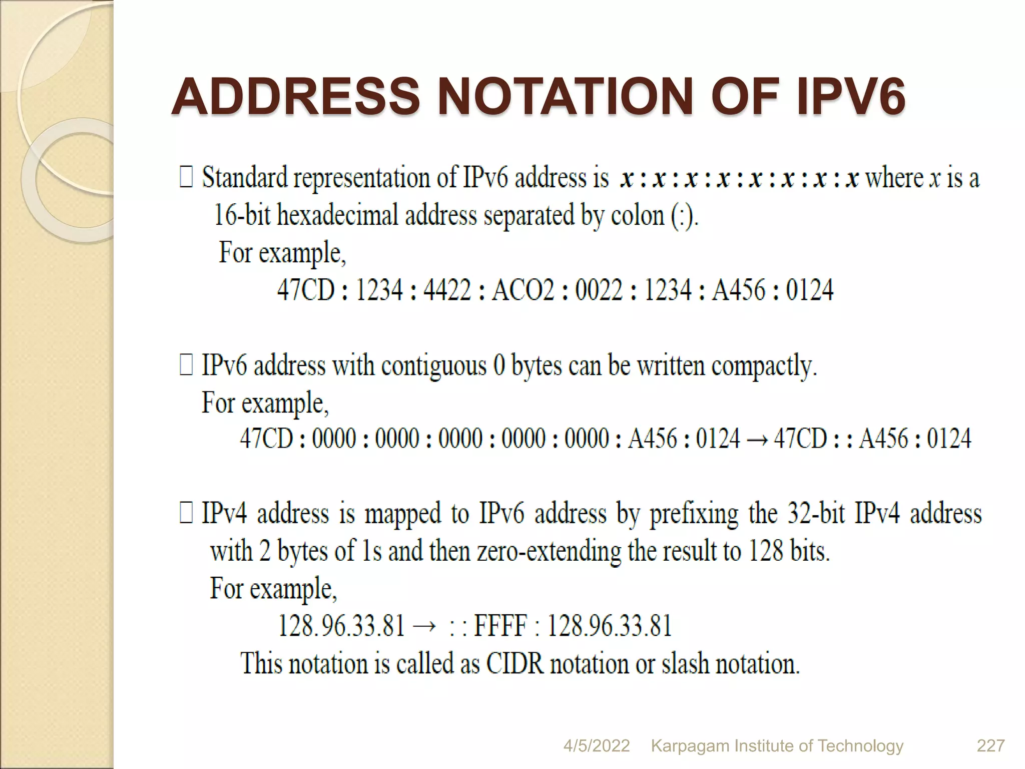 ADDRESS NOTATION OF IPV6
4/5/2022 Karpagam Institute of Technology 227
 