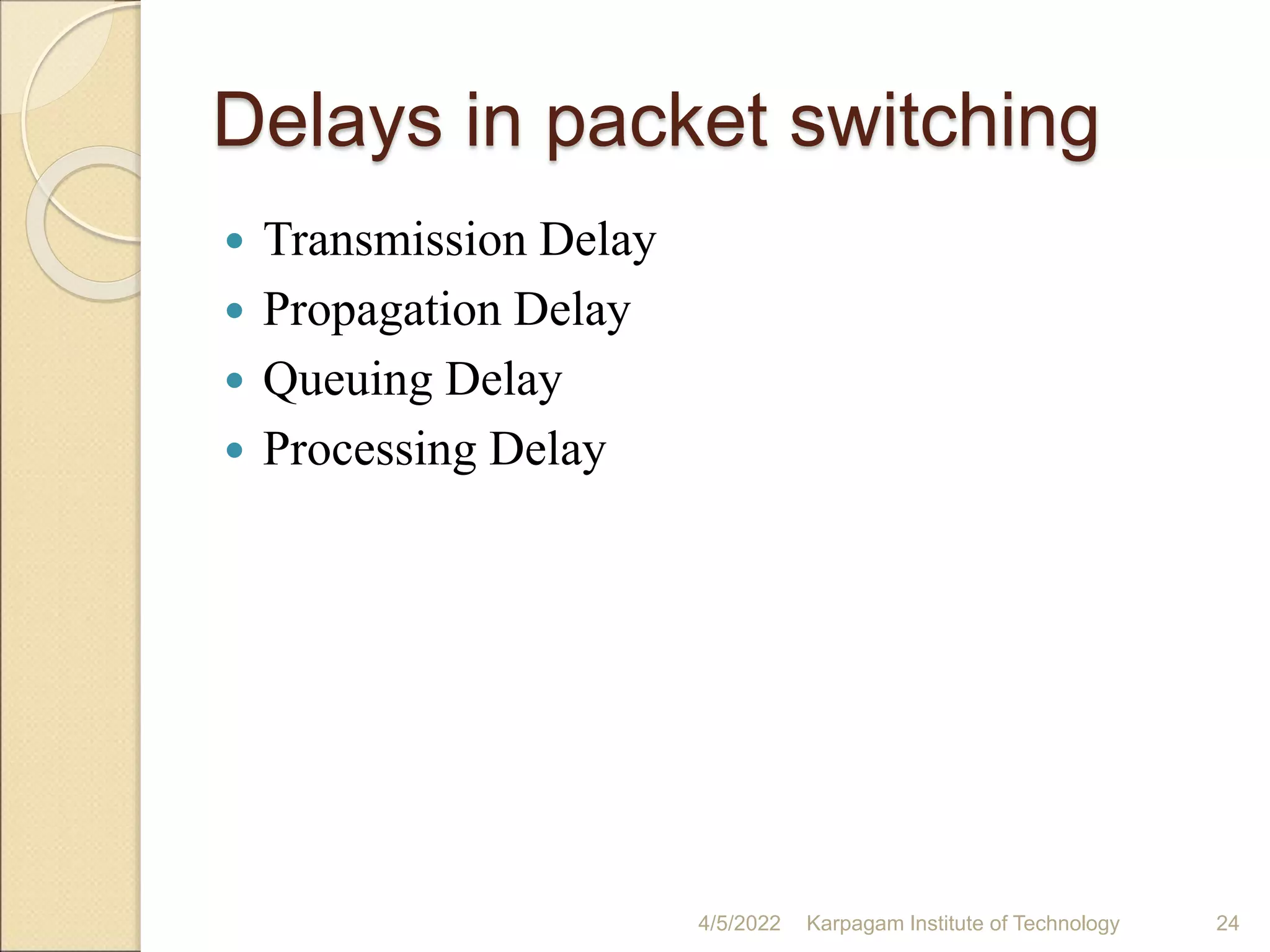 Delays in packet switching
 Transmission Delay
 Propagation Delay
 Queuing Delay
 Processing Delay
4/5/2022 Karpagam Institute of Technology 24
 
