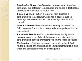  Destination Unreachable―When a router cannot route a
datagram, the datagram is discarded and sends a destination
unreachable message to source host.
 Source Quench―When a router or host discards a
datagram due to congestion, it sends a source-quench
message to the source host. This message acts as flow
control.
 Time Exceeded―Router discards a datagram when TTL
field becomes 0 and a time exceeded message is sent to the
source host.
 Parameter Problem―If a router discovers ambiguous or
missing value in any field of the datagram, it discards the
datagram and sends parameter problem message to source.
 Redirection―Redirect messages are sent by the default
router to inform the source host to update its forwarding table
when the packet is routed on a wrong path.
4/5/2022 Karpagam Institute of Technology 101
 