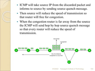  ICMP will take source IP from the discarded packet and
informs to source by sending source quench message.
 Then source will reduce the speed of transmission so
that router will free for congestion.
 When the congestion router is far away from the source
the ICMP will send hop by hop source quench message
so that every router will reduce the speed of
transmission.
4/5/2022 Karpagam Institute of Technology 103
 