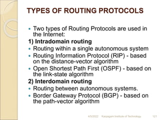 TYPES OF ROUTING PROTOCOLS
 Two types of Routing Protocols are used in
the Internet:
1) Intradomain routing
 Routing within a single autonomous system
 Routing Information Protocol (RIP) - based
on the distance-vector algorithm
 Open Shortest Path First (OSPF) - based on
the link-state algorithm
2) Interdomain routing
 Routing between autonomous systems.
 Border Gateway Protocol (BGP) - based on
the path-vector algorithm
4/5/2022 Karpagam Institute of Technology 121
 