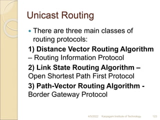 Unicast Routing
 There are three main classes of
routing protocols:
1) Distance Vector Routing Algorithm
– Routing Information Protocol
2) Link State Routing Algorithm –
Open Shortest Path First Protocol
3) Path-Vector Routing Algorithm -
Border Gateway Protocol
4/5/2022 Karpagam Institute of Technology 123
 