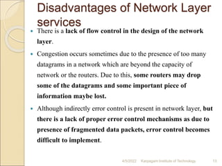 Disadvantages of Network Layer
services
 There is a lack of flow control in the design of the network
layer.
 Congestion occurs sometimes due to the presence of too many
datagrams in a network which are beyond the capacity of
network or the routers. Due to this, some routers may drop
some of the datagrams and some important piece of
information maybe lost.
 Although indirectly error control is present in network layer, but
there is a lack of proper error control mechanisms as due to
presence of fragmented data packets, error control becomes
difficult to implement.
4/5/2022 Karpagam Institute of Technology 13
 
