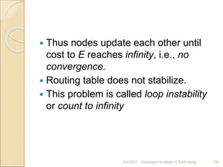  Thus nodes update each other until
cost to E reaches infinity, i.e., no
convergence.
 Routing table does not stabilize.
 This problem is called loop instability
or count to infinity
4/5/2022 Karpagam Institute of Technology 136
 