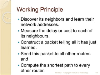 Working Principle
 Discover its neighbors and learn their
network addresses.
 Measure the delay or cost to each of
its neighbours.
 Construct a packet telling all it has just
learned.
 Send this packet to all other routers
and
 Compute the shortest path to every
other router. 4/5/2022 Karpagam Institute of Technology 144
 