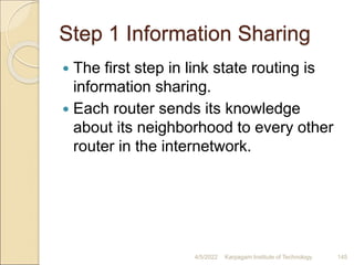 Step 1 Information Sharing
 The first step in link state routing is
information sharing.
 Each router sends its knowledge
about its neighborhood to every other
router in the internetwork.
4/5/2022 Karpagam Institute of Technology 145
 
